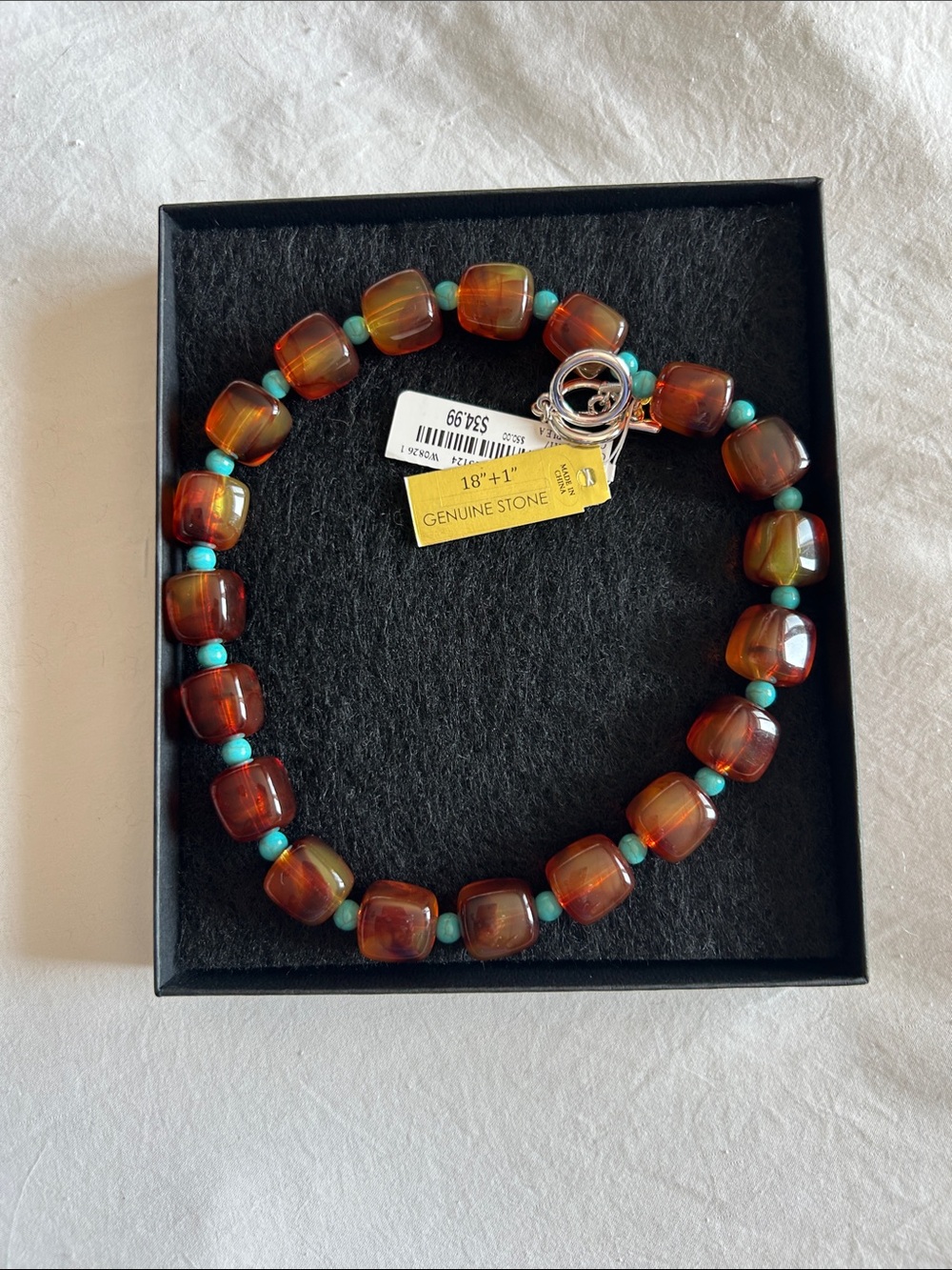 Genuine Stone Amber Brown and Turquoise Beaded Necklace